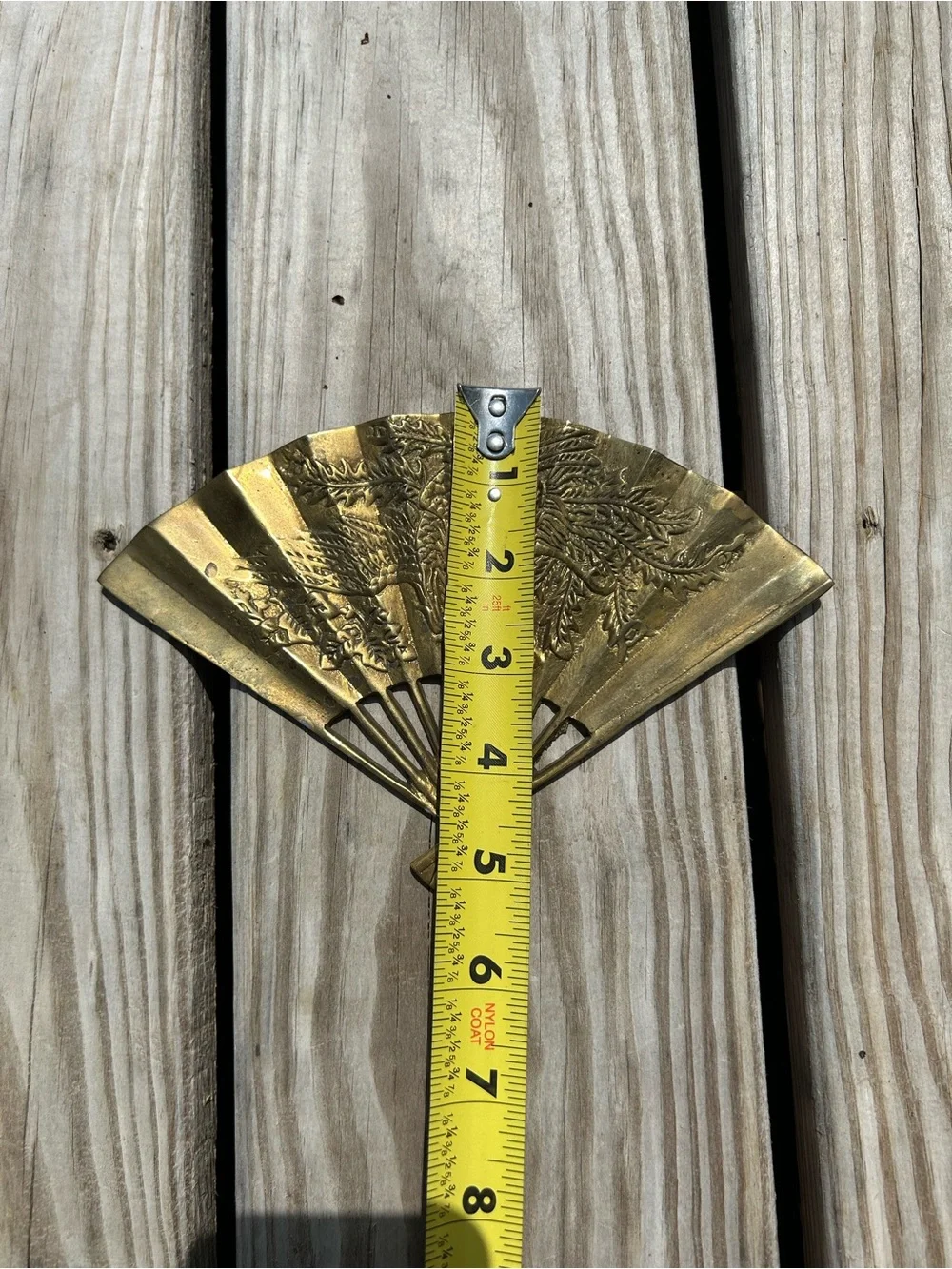 Vintage Solid Brass Oriental Hand Fan Raised Phoenix Dragon Patina